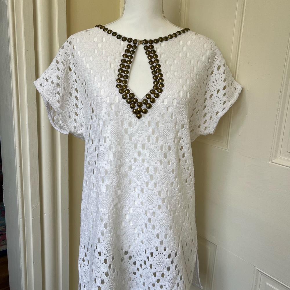 Trina Turk White Crochet Tunic with Brass Accent